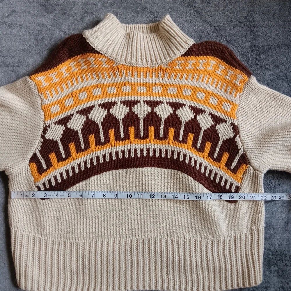 Moodie Medium Boho Western Thick Knit Sweater, Geometric Tan Brown Orange - Picture 4 of 9